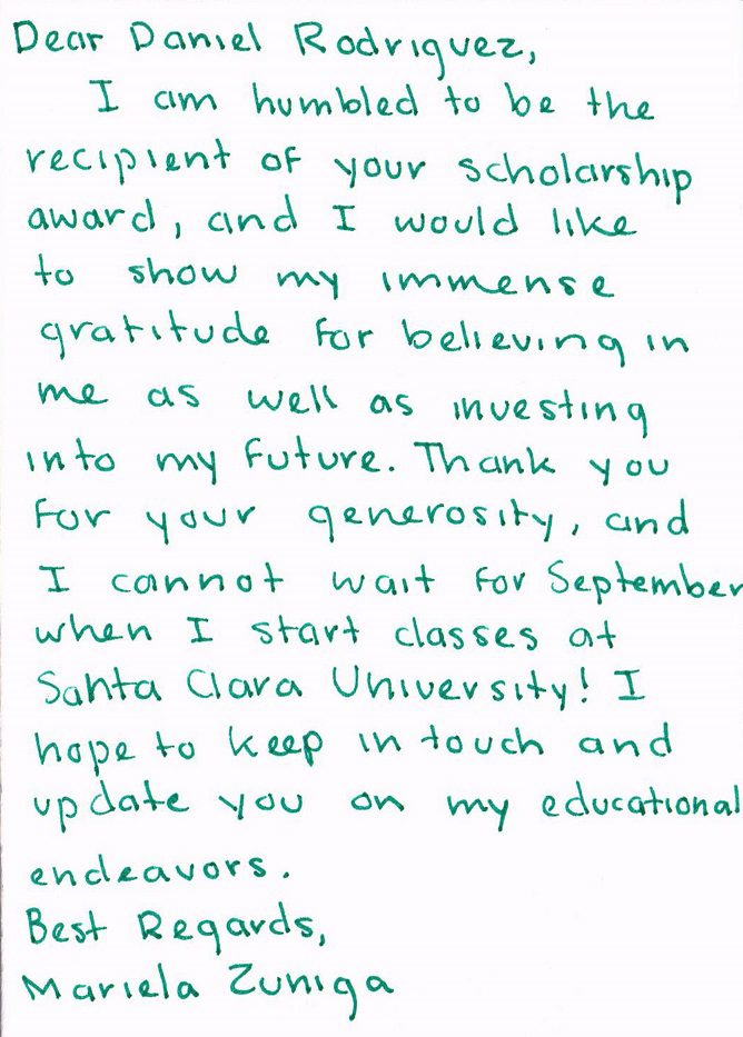 thank you note from maria zuniga to daniel rodriguez