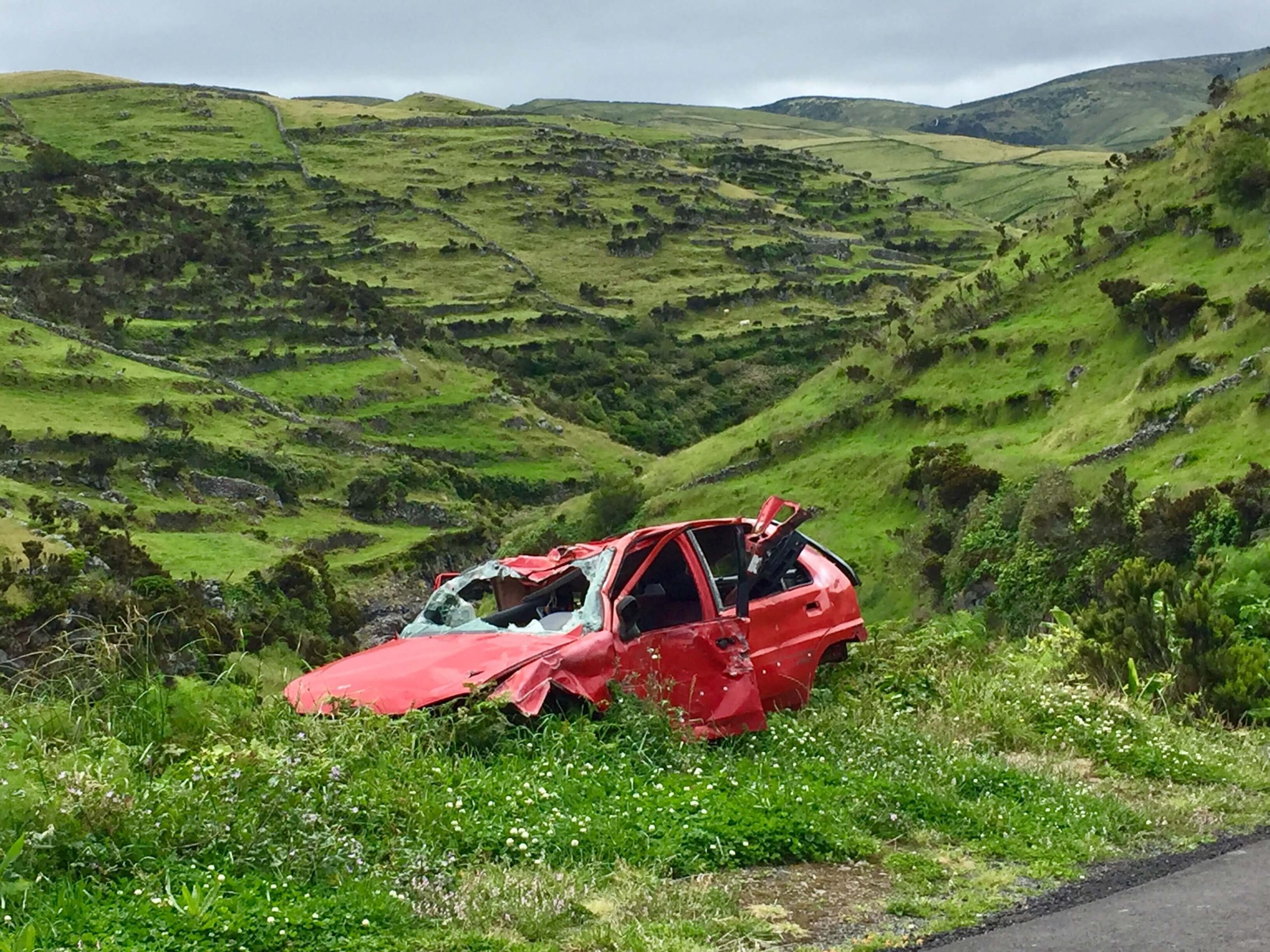 A smashed red car sits in an idyllic field